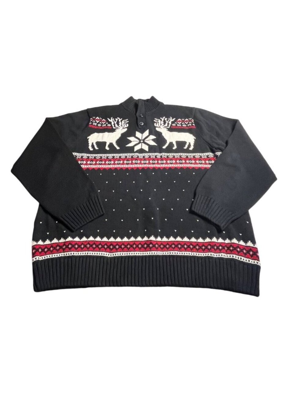 Chaps Mens Black Snowflake Reindeer Cotton Pullover Sweater 1/4 Button Size XL